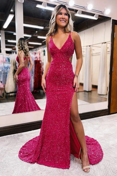 Mermaid V Neck Fuchsia Sequins Long Prom Dress with Open Back