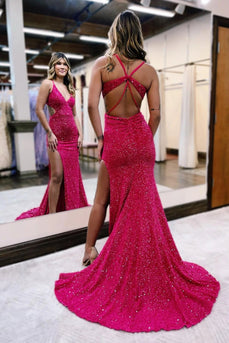 Mermaid V Neck Fuchsia Sequins Long Prom Dress with Open Back