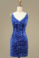 Load image into Gallery viewer, Royal Blue V Neck Bodycon Sequins Homecoming Dress
