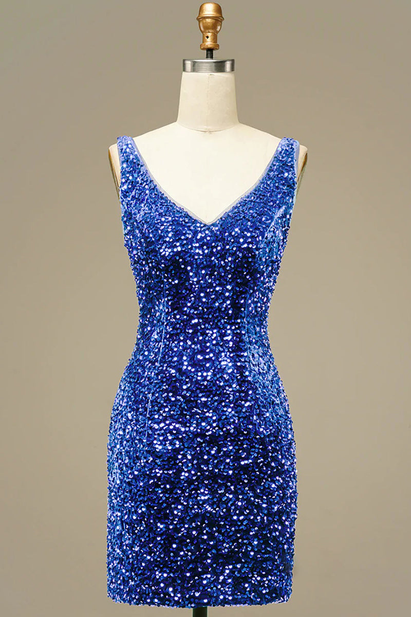 Load image into Gallery viewer, Royal Blue V Neck Bodycon Sequins Homecoming Dress