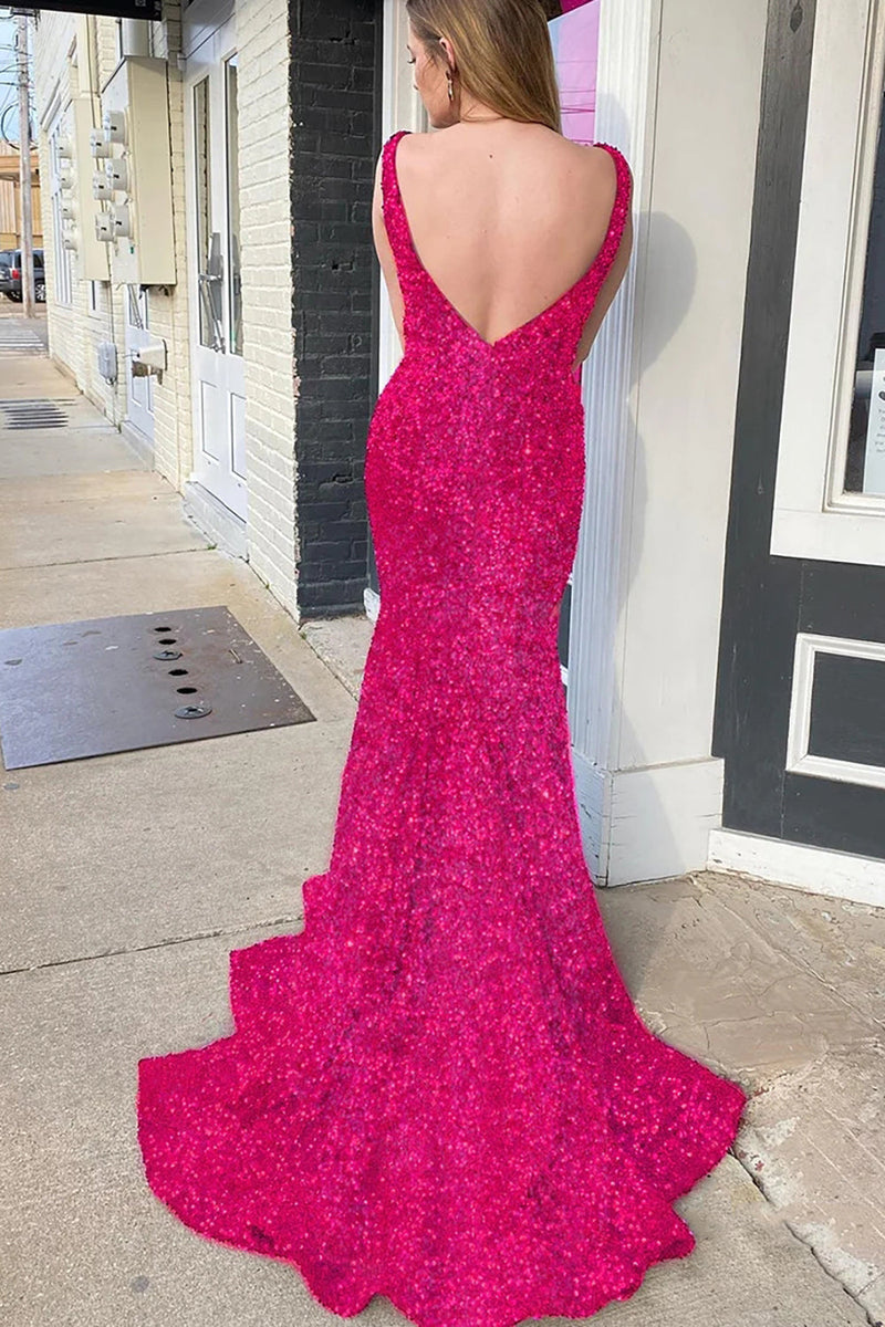 Load image into Gallery viewer, Mermaid Deep V Neck Purple Sequins Prom Dress with Open Back