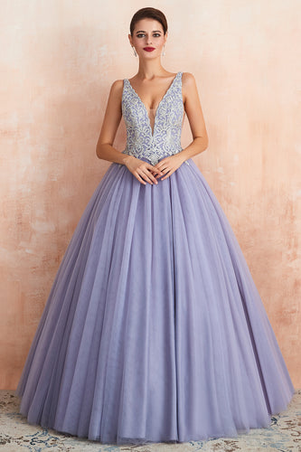A-Line Deep V Neck Purple Prom Dress