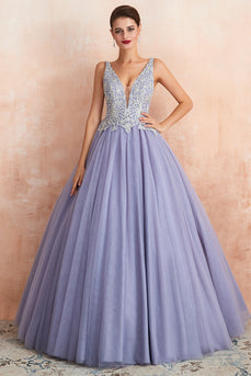 A-Line Deep V Neck Purple Prom Dress