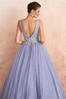 Load image into Gallery viewer, A-Line Deep V Neck Purple Prom Dress