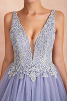 Load image into Gallery viewer, A-Line Deep V Neck Purple Prom Dress