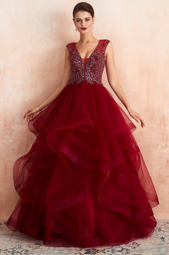A-Line Burgundy Sequins Prom Dress With Beading