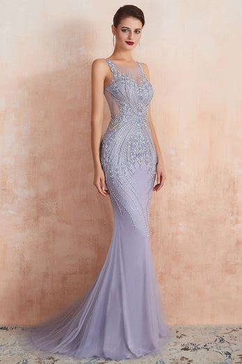 Mermaid Beading Lavender Open Back Evening Dress