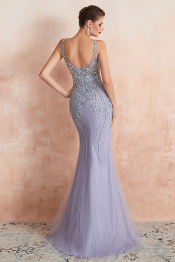 Mermaid Beading Lavender Open Back Evening Dress