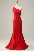 Load image into Gallery viewer, Mermaid One Shoulder Red Long Prom Dress with Beading