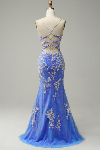 Glitter Blue Mermaid Lace Long Prom Dress with Slit