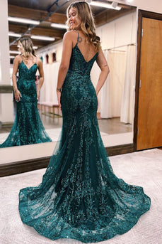 Sparkly Dark Green Mermaid Sequin Long Prom Dress