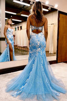 Load image into Gallery viewer, Mermaid Spaghetti Straps Blue Long Prom Dress with Appliques