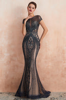 Load image into Gallery viewer, Sparkly Black Mermaid Beaded Black Long Evening Dress with Keyhole