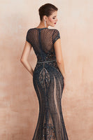 Load image into Gallery viewer, Sparkly Black Mermaid Beaded Black Long Evening Dress with Keyhole