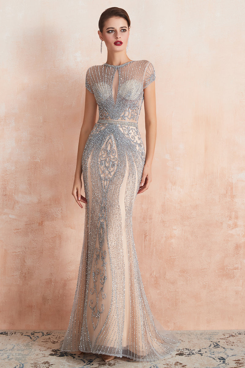 Load image into Gallery viewer, Sparkly Mermaid Beaded Keyhole Black Long Evening Dress