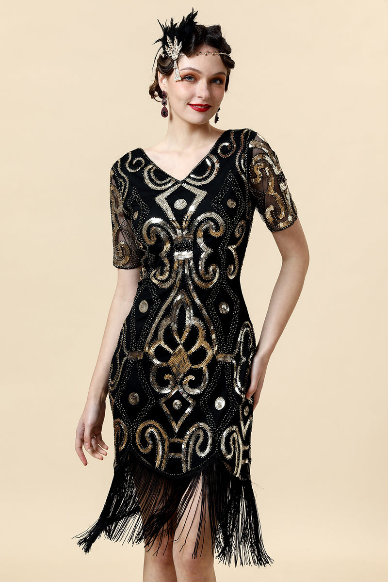 Load image into Gallery viewer, 1920s Black Sequins Flapper Dress