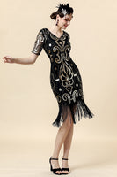 Load image into Gallery viewer, 1920s Black Sequins Flapper Dress