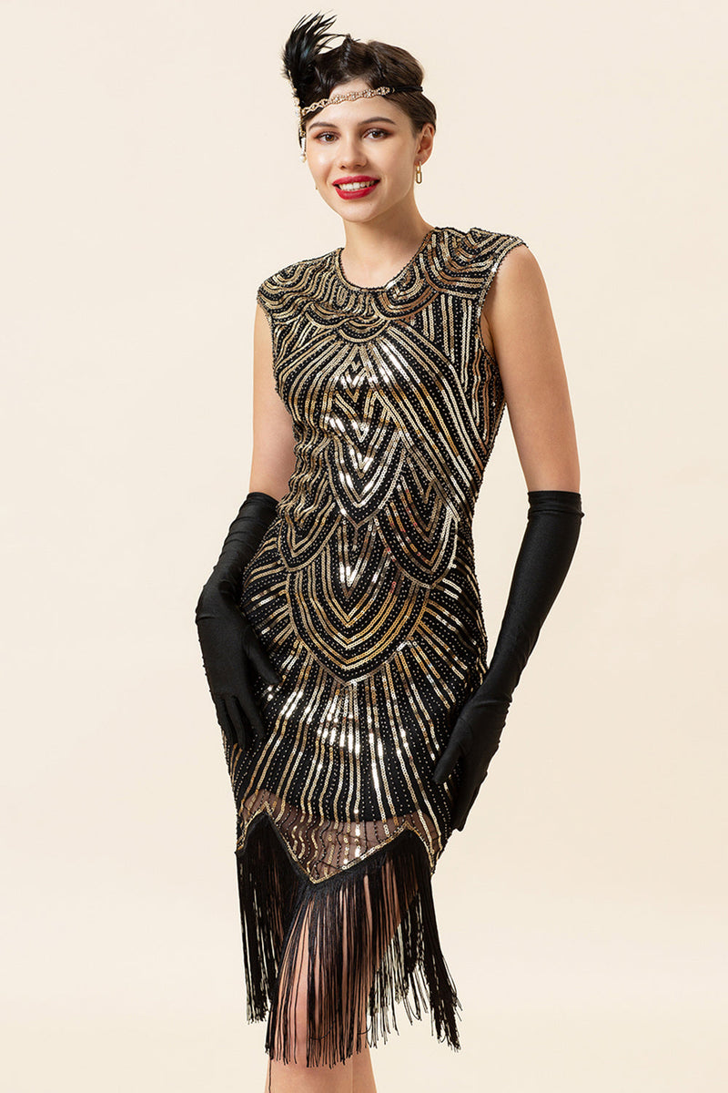 Load image into Gallery viewer, Gold Sequins Gatsby Glitter Fringe 1920s Dress With 20s Accessories Set