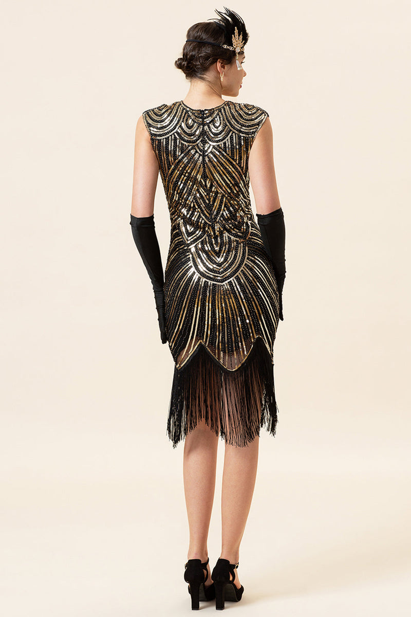 Load image into Gallery viewer, Gold Sequins Gatsby Glitter Fringe 1920s Dress With 20s Accessories Set