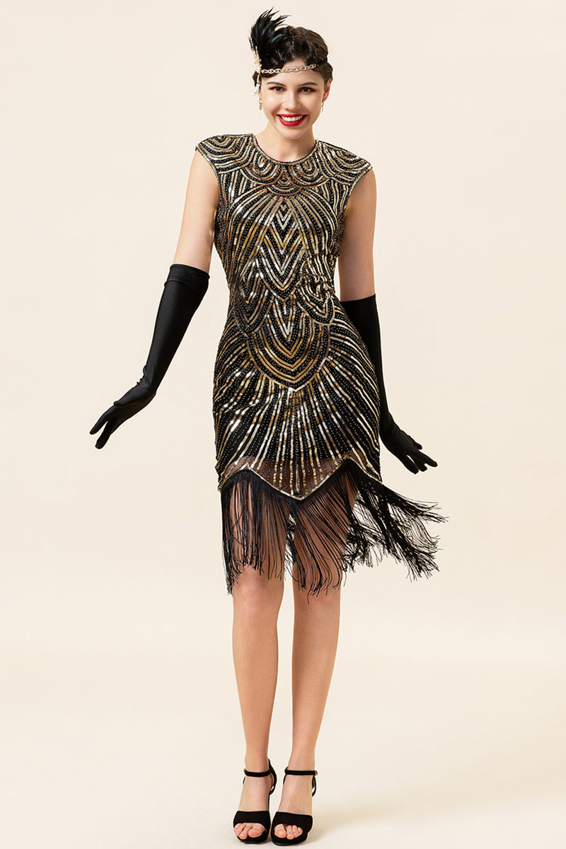Load image into Gallery viewer, Gold Sequins Gatsby Glitter Fringe 1920s Dress