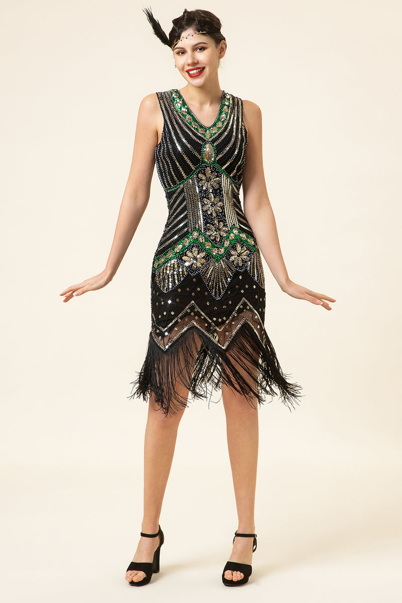 Load image into Gallery viewer, Queendancer Women Roaring 20s Black and Gold 1920s Dress Sequin Flapper Gatsby Dress with Fringes