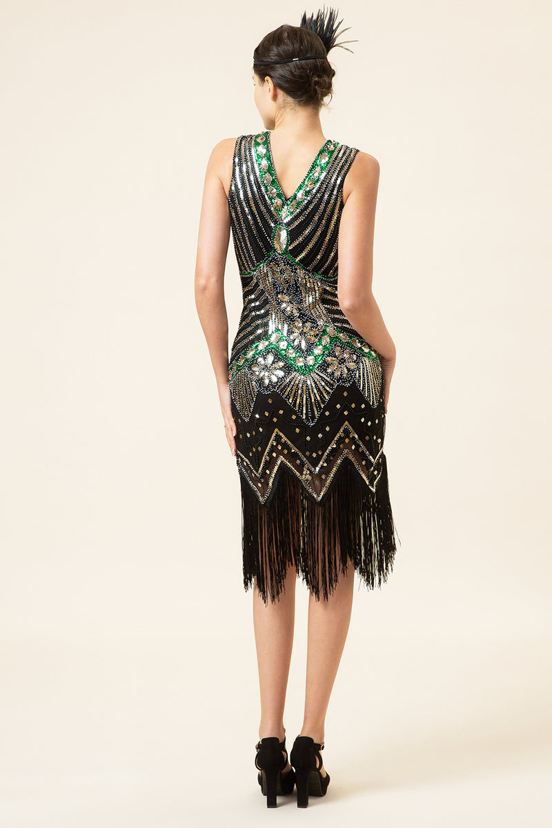 Load image into Gallery viewer, Sparkly Roaring 20s Black and Gold Sequin 1920s Flapper Dress