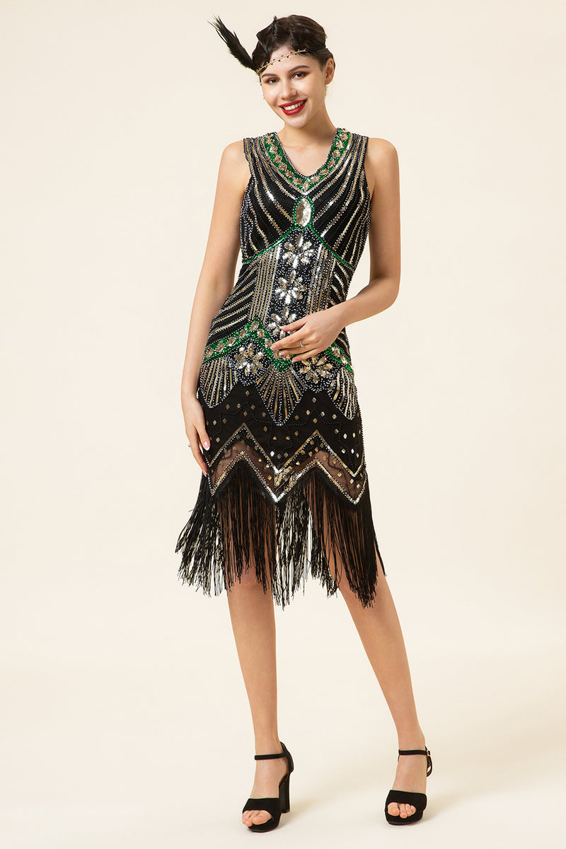 Load image into Gallery viewer, Sparkly Roaring 20s Black and Gold Sequin 1920s Flapper Dress