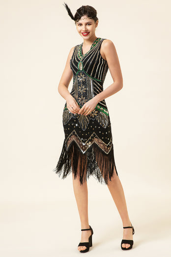 Sparkly Roaring 20s Black and Gold Sequin 1920s Flapper Dress