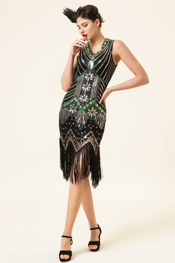 Sparkly Roaring 20s Black and Gold Sequin 1920s Flapper Dress