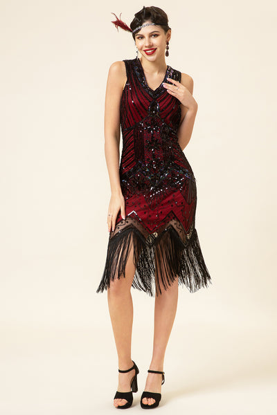 Queendancer Women Sparkly Vintage Dress Black and Red 1920s Dress Sequin Flapper Gatsby Dress with Fringes