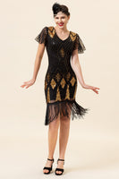 Load image into Gallery viewer, Black &amp; Gold Sequins 1920s Flapper Dress with 20s Accessories Set