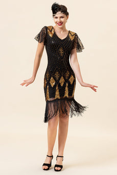 Black & Gold Sequins 1920s Flapper Dress with 20s Accessories Set