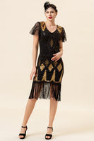 Load image into Gallery viewer, Black &amp; Gold Sequins 1920s Flapper Dress with 20s Accessories Set