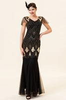Load image into Gallery viewer, V Neck Black and Gold Sequins 1920s Dress With 20s Accessories Set