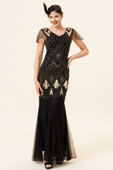 V Neck Black and Gold Sequins 1920s Dress With 20s Accessories Set