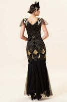 Load image into Gallery viewer, V Neck Black and Gold Sequins 1920s Dress With 20s Accessories Set