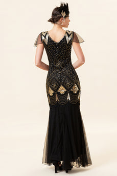 V Neck Black and Gold Sequins Formal Dress