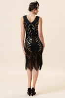 Load image into Gallery viewer, Black V Neck Sequin 1920s Flapper Dress with 20s Accessories Set