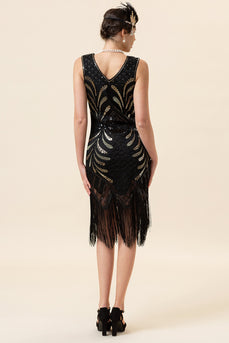 Black V Neck Sequin 1920s Flapper Dress
