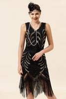 Load image into Gallery viewer, Black V Neck Sequin 1920s Flapper Dress with 20s Accessories Set