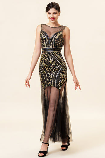 Black and Gold Long Tulle Sequin Formal Dress