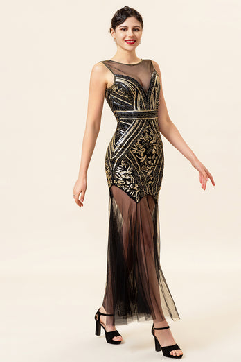 Black and Gold Long Tulle Sequin Formal Dress