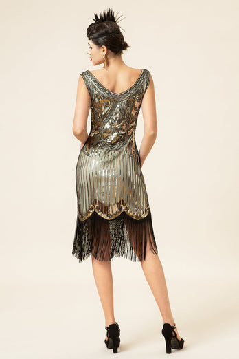 Gold 1920s Fringe Sequin Flapper Dress with 20s Accessories Set