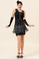 Load image into Gallery viewer, Black Sequins 1920s Fringe Dress With 20s Accessories Set