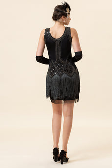 Round Neck Black Sequins 1920s Fringe Dress