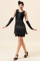 Load image into Gallery viewer, Black Sequins 1920s Fringe Dress With 20s Accessories Set