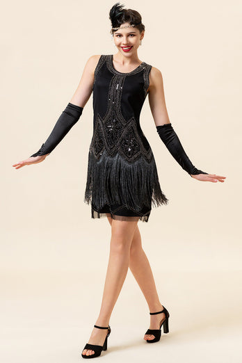 Black Sequins 1920s Fringe Dress With 20s Accessories Set