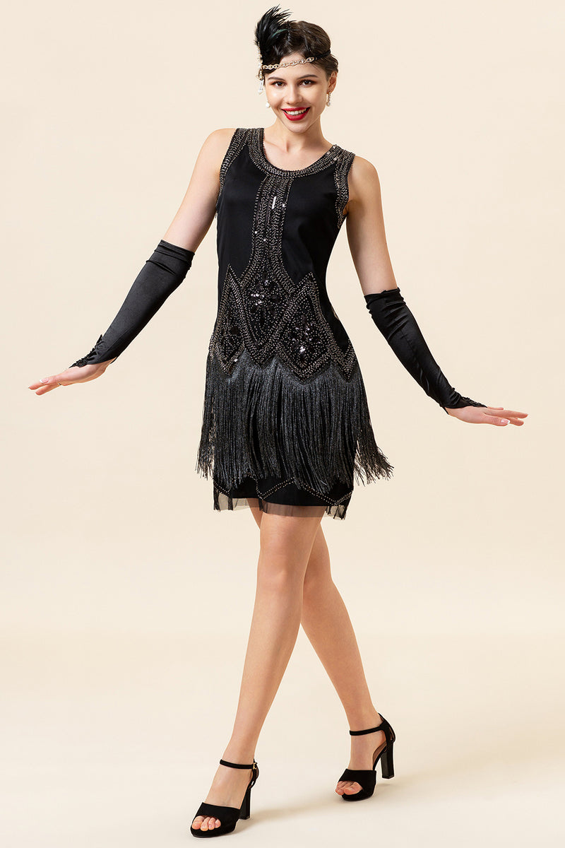 Load image into Gallery viewer, Round Neck Black Sequins 1920s Fringe Dress