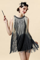 Load image into Gallery viewer, Queendancer Women Roaring 20s Sparkly Apricot 1920s Dress Round Neck Black Fringed Cocktail Party Dress