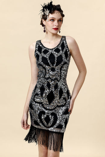 Scoop Neck Black Silver 1920s Dress